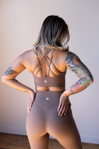 Minimal Cross-Back Sports Bra, Taupe Brown