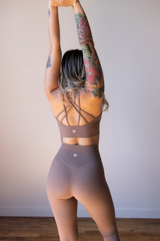 Minimal Cross-Back Sports Bra, Taupe Brown